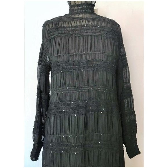 ZARA BLACK RUCHED SEQUIN HIGH NECK LONG SLEEVE MAXI DRESS S NWT - Picture 7 of 13